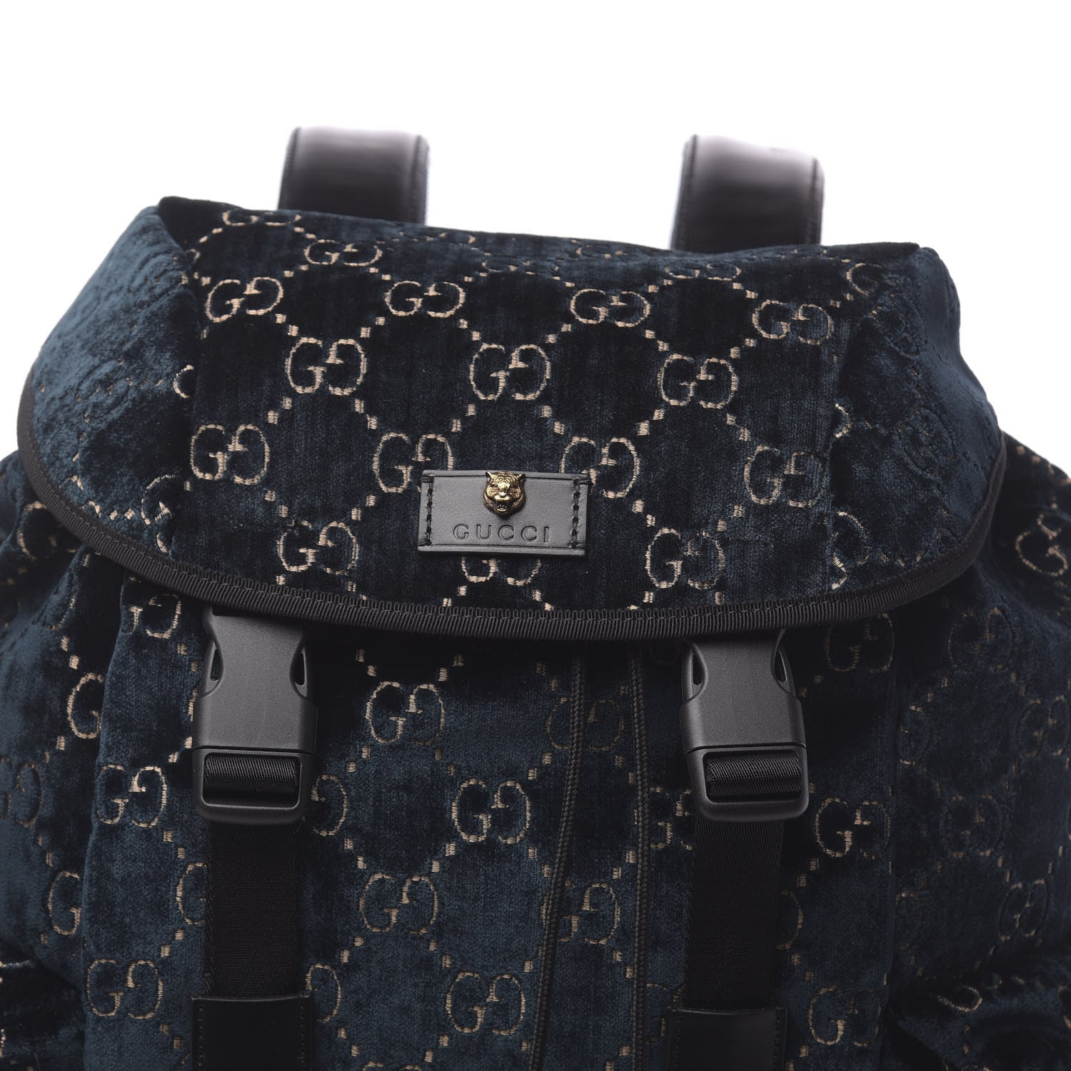 Gucci Velvet GG Monogram Web Medium Double Buckle Backpack Blue Beige Black 7 of 9
