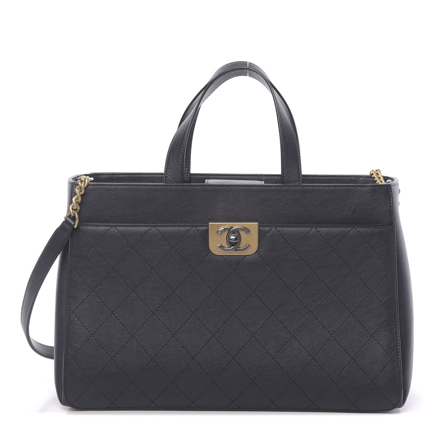 Calfskin Stitched Large Straight Lines Shopping Tote Navy