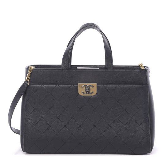 Calfskin Stitched Large Straight Lines Shopping Tote Navy