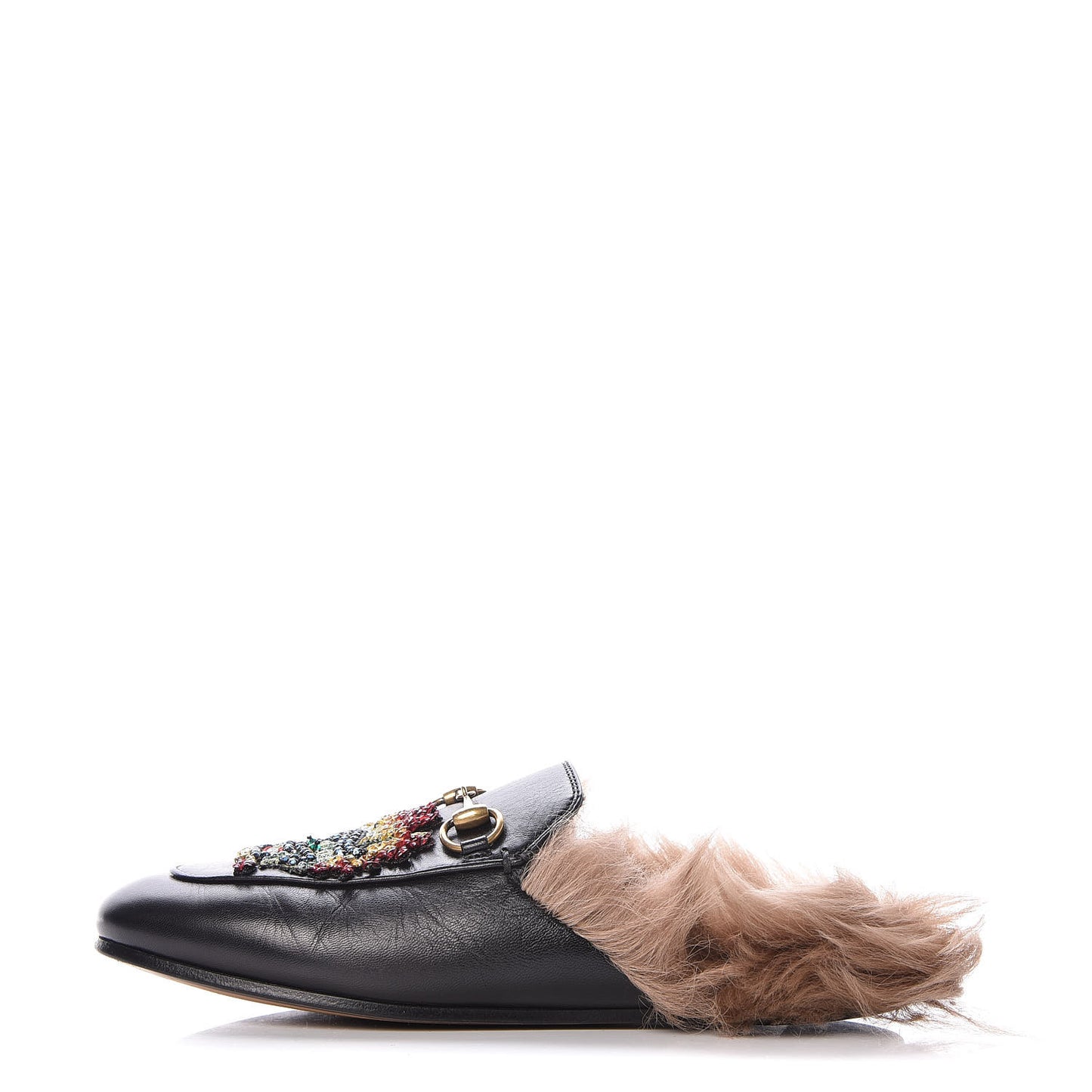 Malaga Kid Fur Crystal Dragon Embroidered Womens Princetown Slippers 35 Black