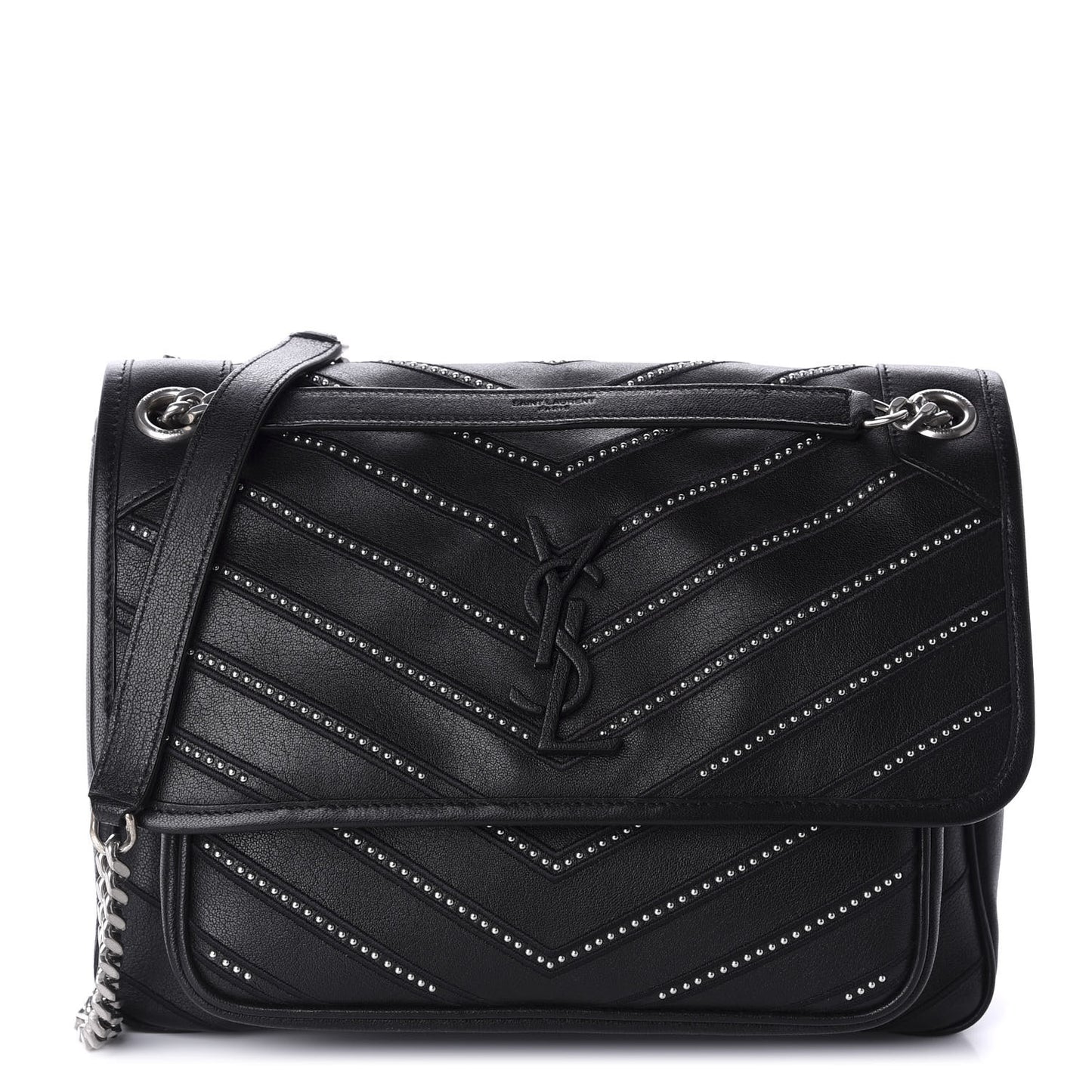 Lambskin Matelasse Monogram Microstud Medium Niki Chain Satchel Black
