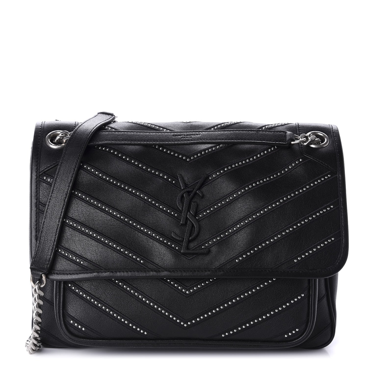 Saint Laurent Lambskin Matelasse Monogram Microstud Medium Niki Chain Satchel Black 1 of 11