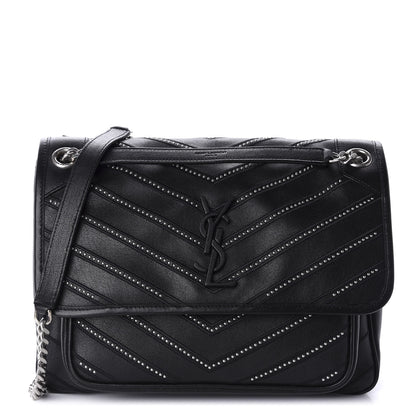 Saint Laurent Lambskin Matelasse Monogram Microstud Medium Niki Chain Satchel Black 1 of 11