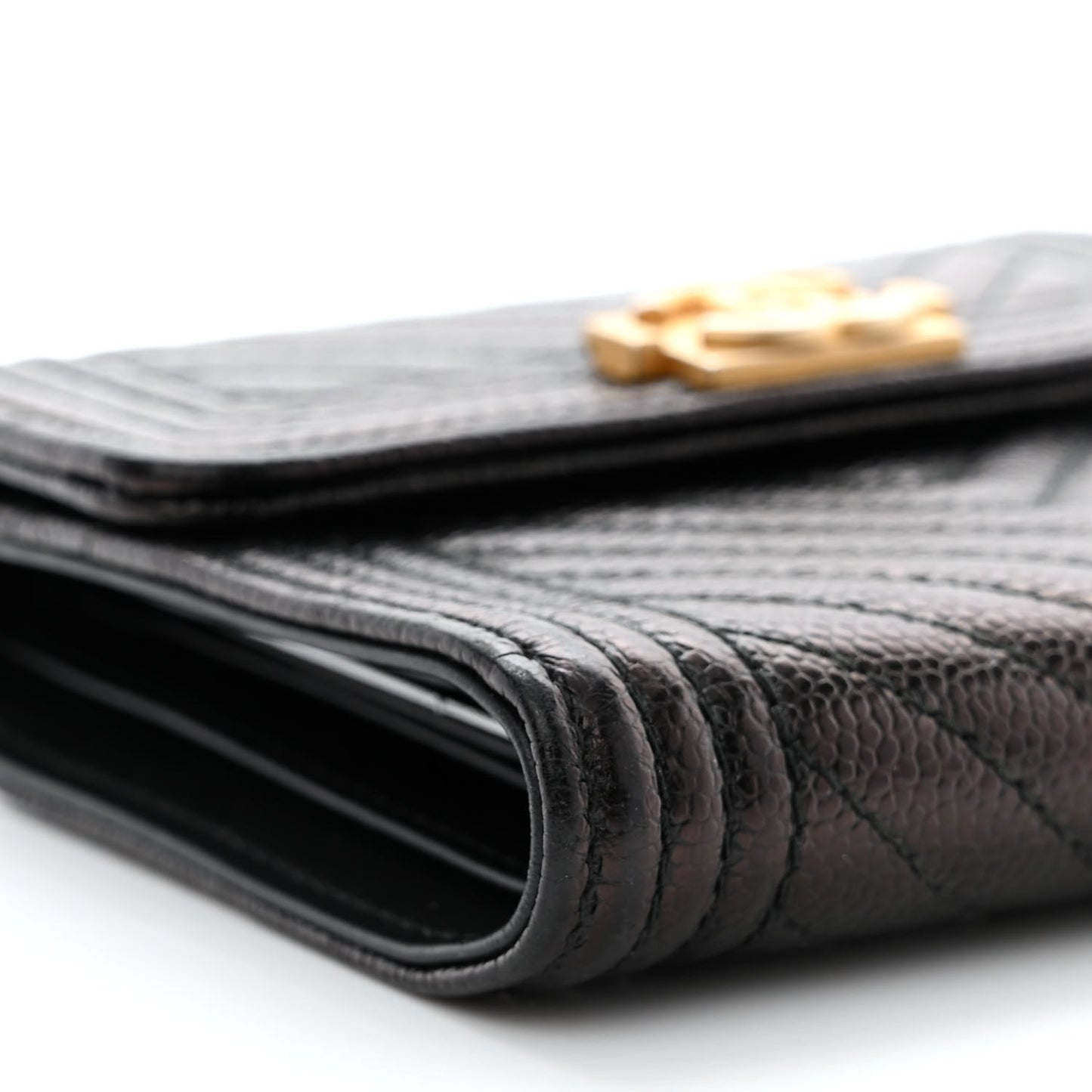 Caviar Chevron Quilted Boy Compact Wallet Black