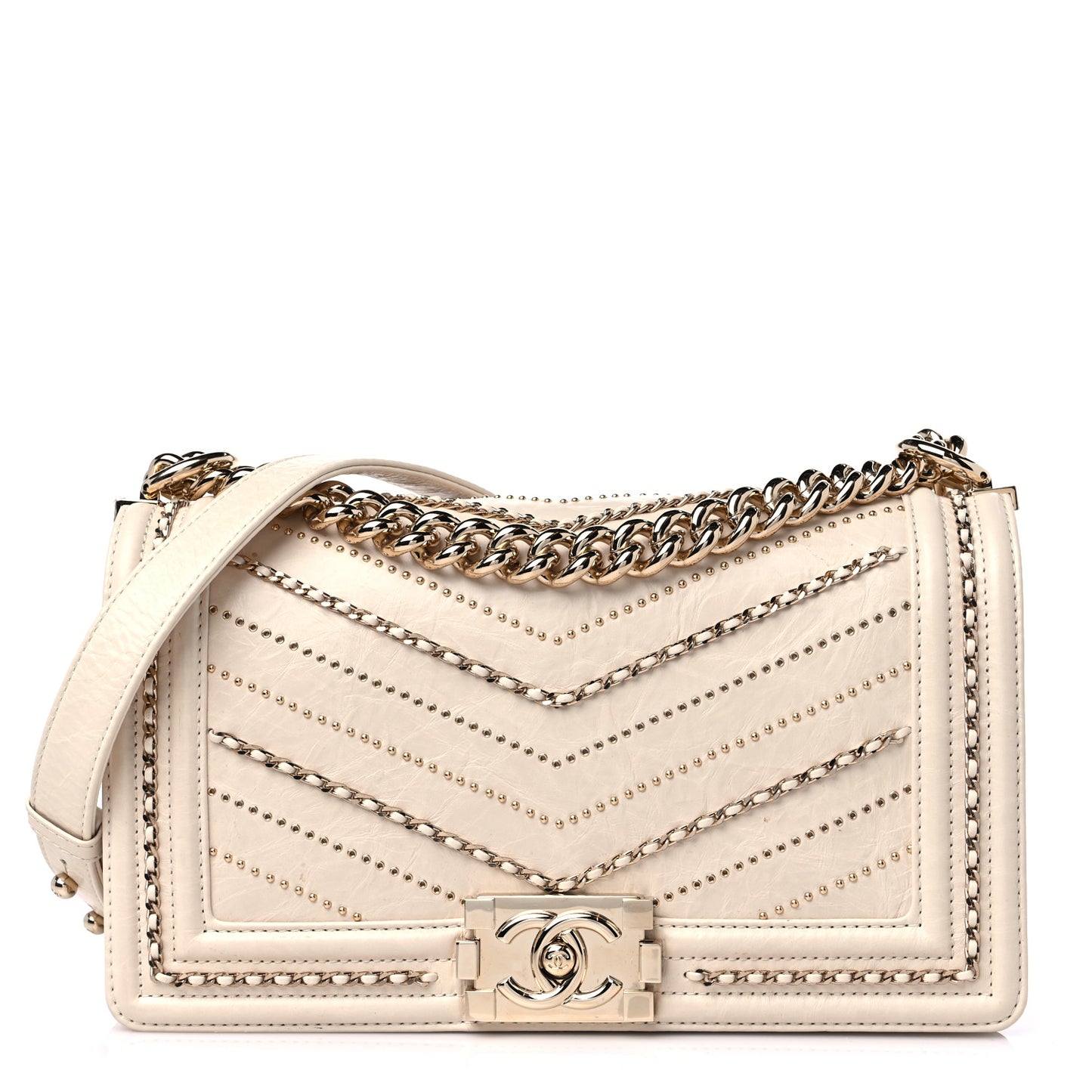 Crumpled Calfskin Chevron Medium Chain Boy Flap Ivory