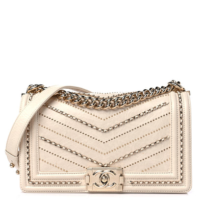 Chanel Crumpled Calfskin Chevron Medium Chain Boy Flap Ivory 1 of 13