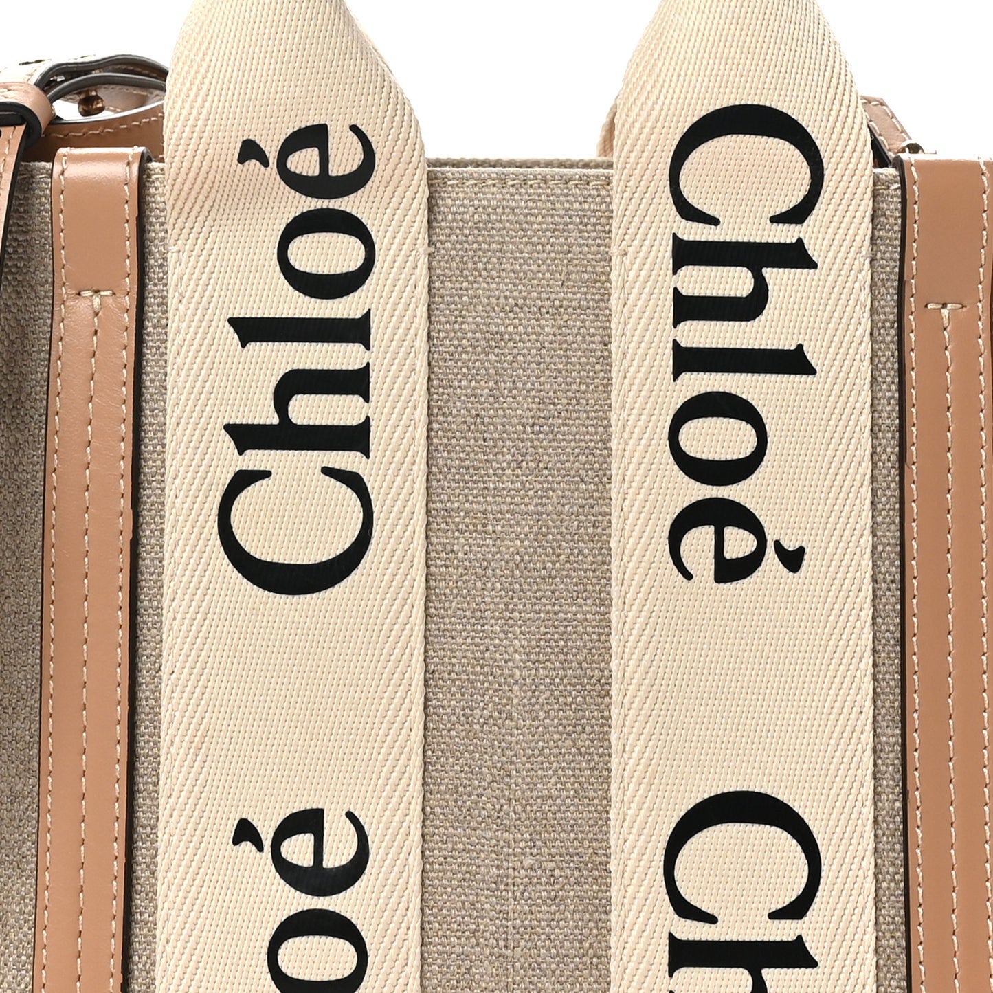 Linen Calfskin Small Woody Ribbon Tote With Strap White Light Brown