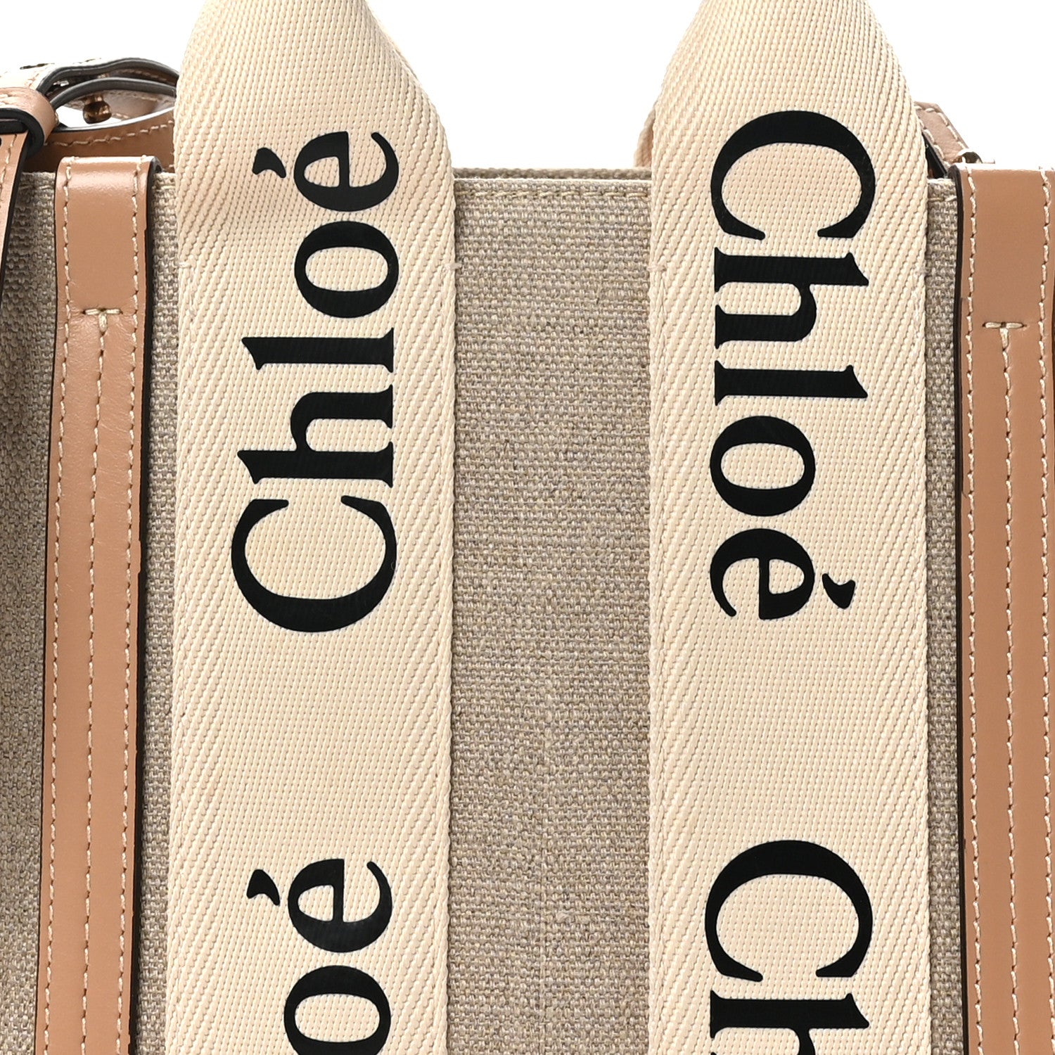 Chloe Linen Calfskin Small Woody Ribbon Tote With Strap White Light Brown 8 of 10