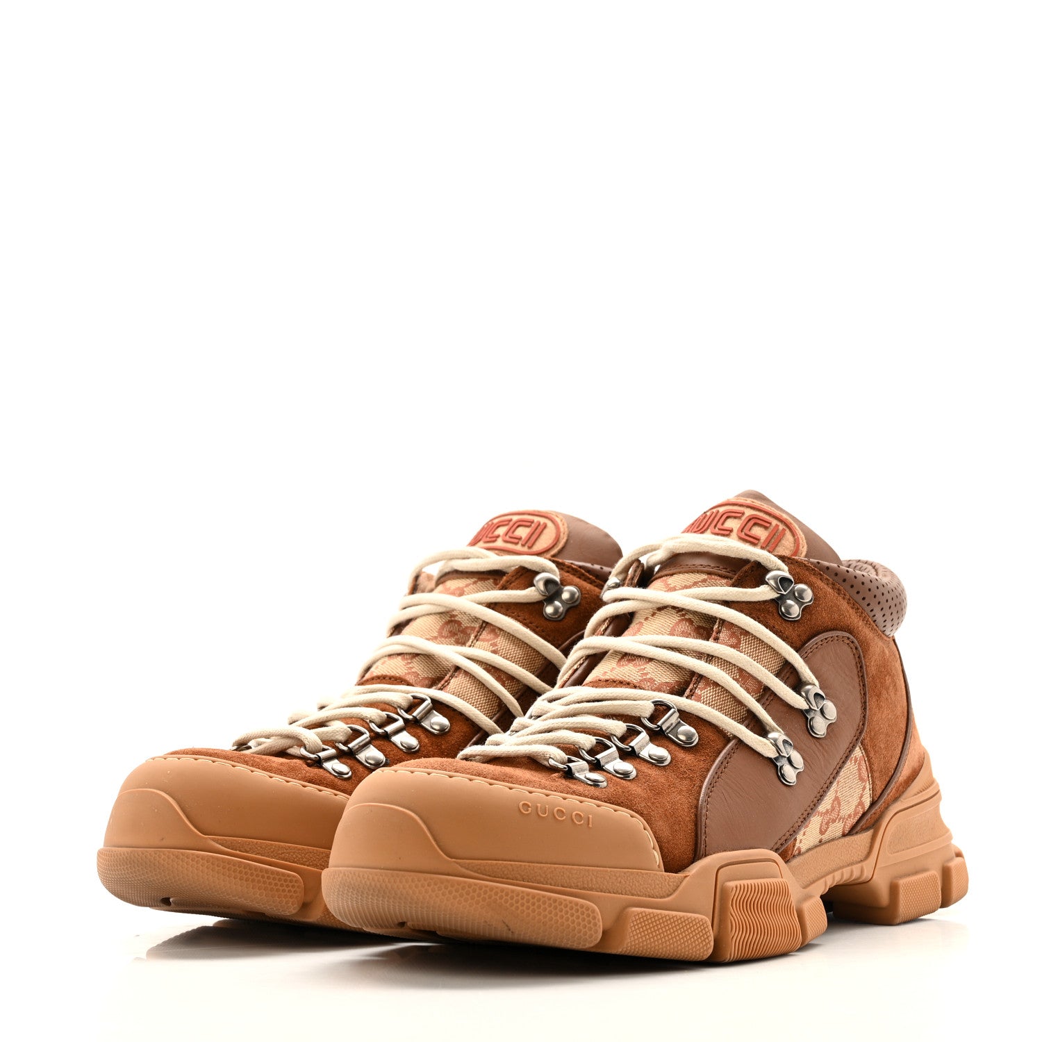 Gucci X SEGA Suede Calfskin GG Monogram Mens Flashtrek Sneakers 10 New Cuir Beige Ruggine 4 of 13