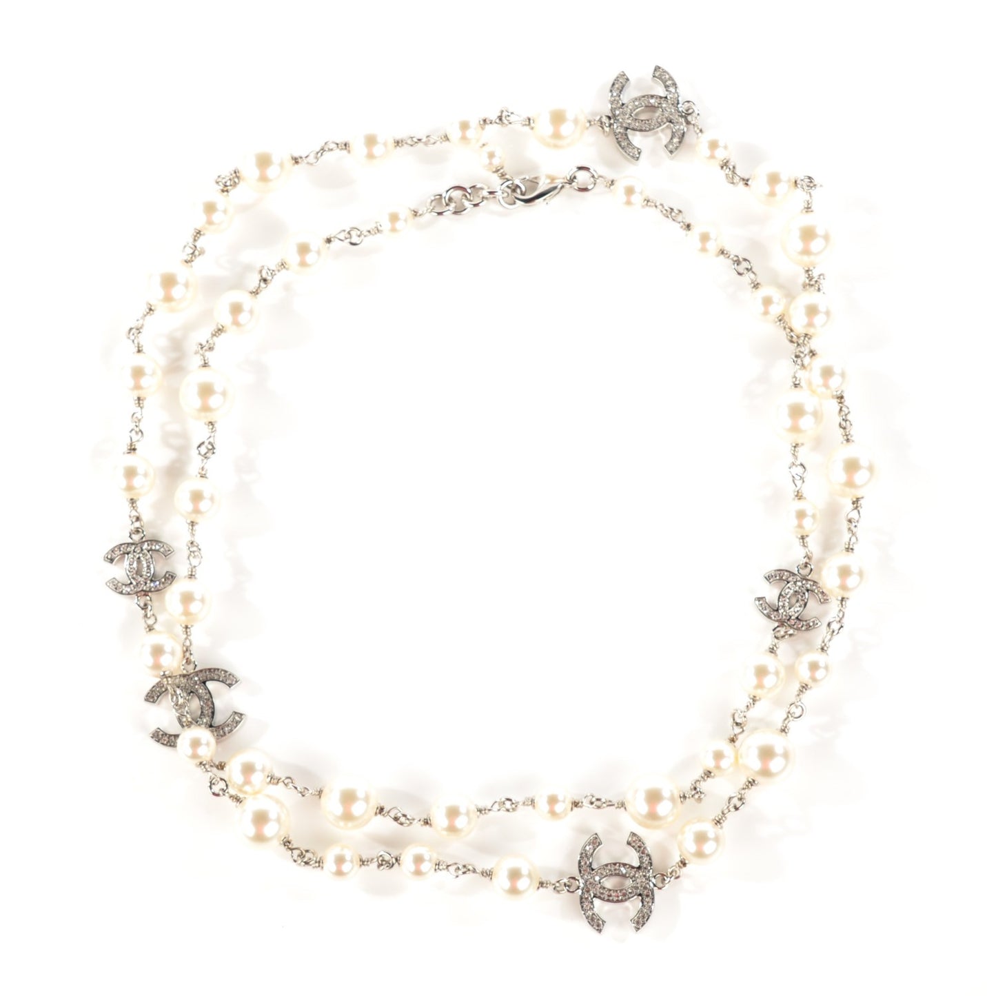 Crystal Pearl CC Long Necklace Silver