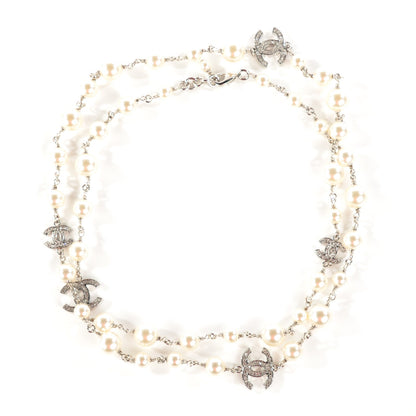 Chanel Crystal Pearl CC Long Necklace Silver 2 of 6