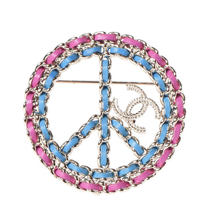 Chanel Metal Calfskin Chain Peace Sign CC Brooch Blue Purple Gold 1 of 5