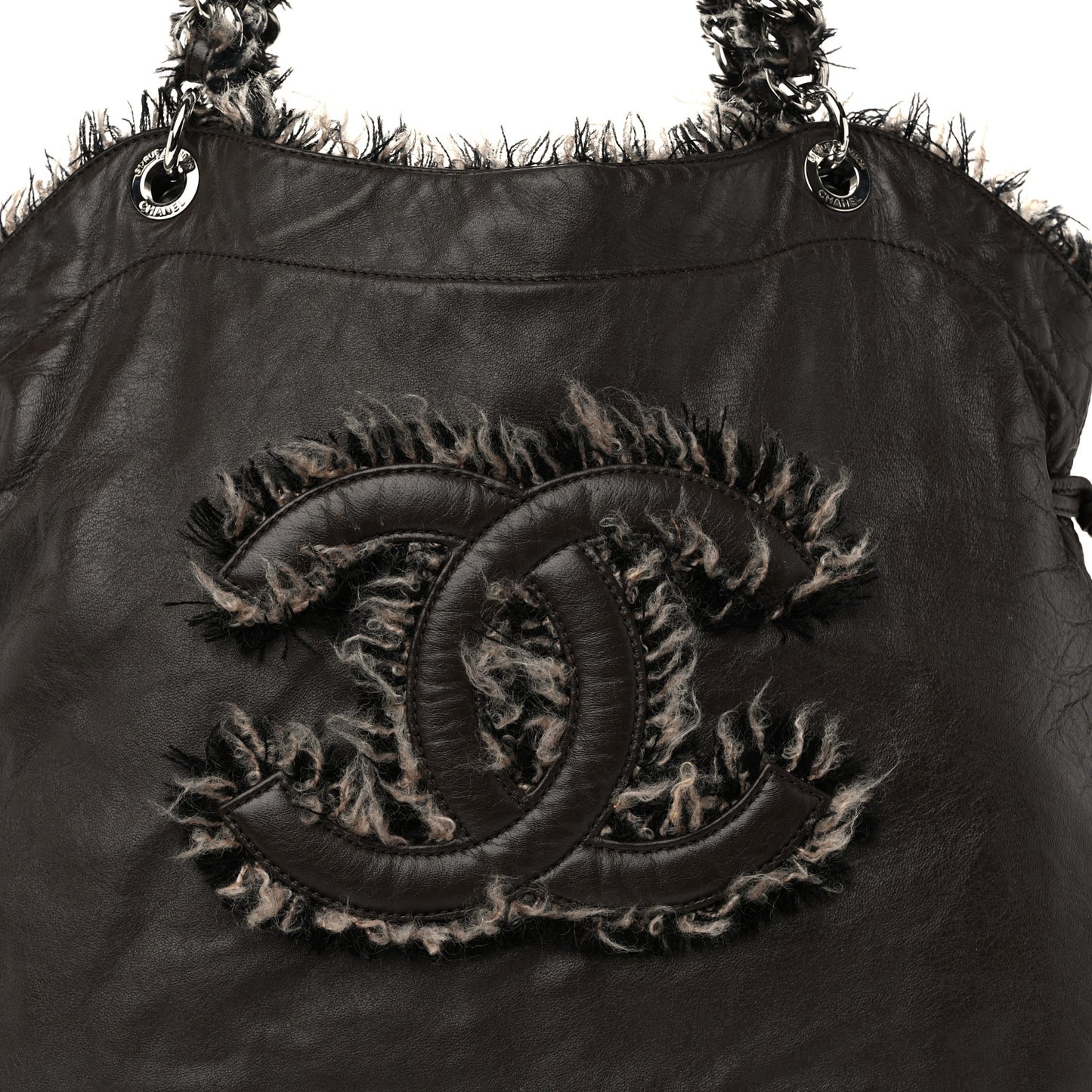 Tweed Lambskin Drawstring Tweedy Tote Brown