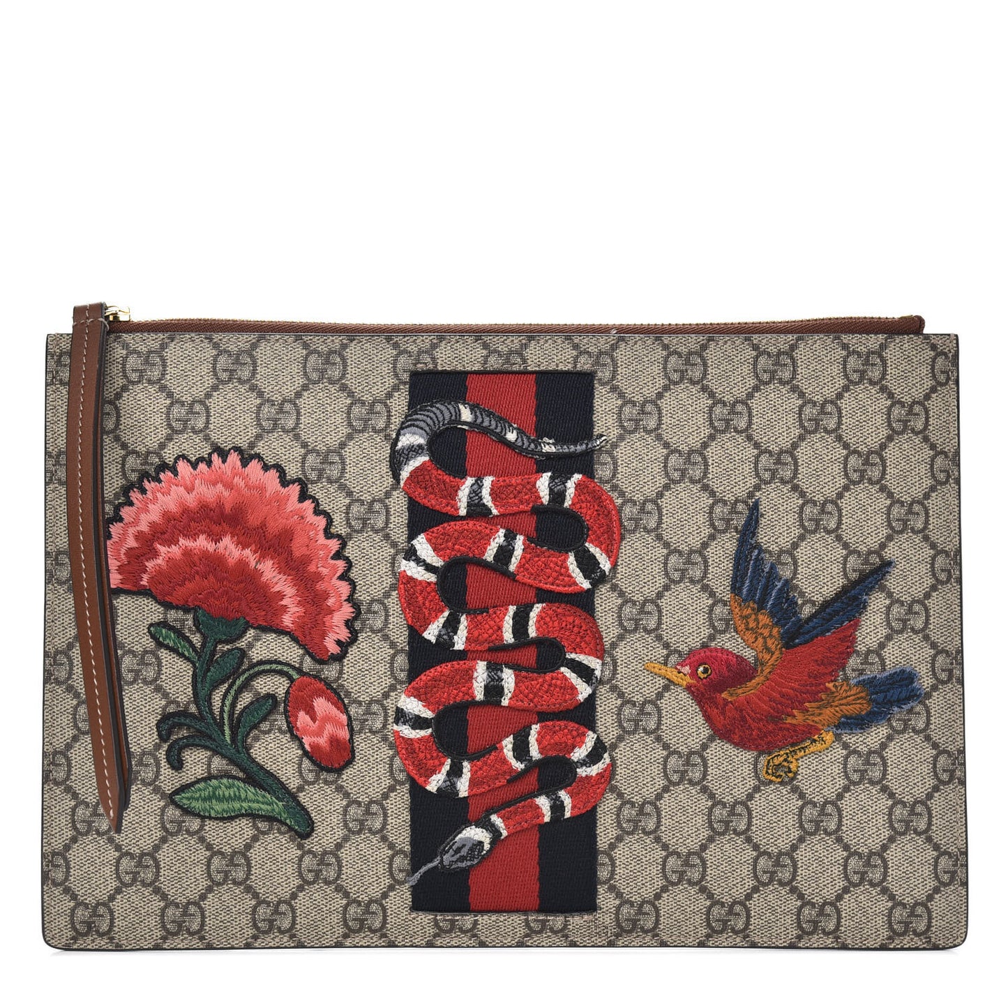 GG Supreme Monogram Web Kingsnake Embroidered Large Zip Pouch Brown