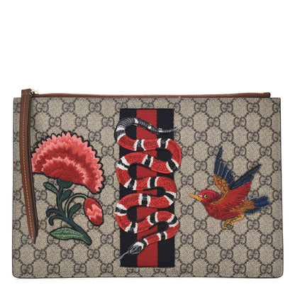 Gucci GG Supreme Monogram Web Kingsnake Embroidered Large Zip Pouch Brown 1 of 10