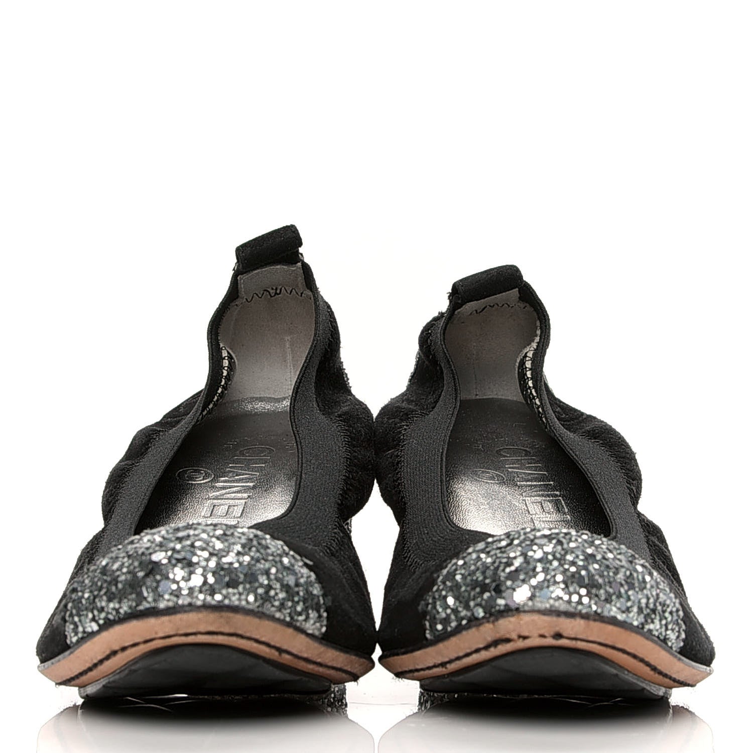 Chanel Suede Glitter Cap Toe CC Elastic Stretch Pumps 36.5 Black 2 of 6