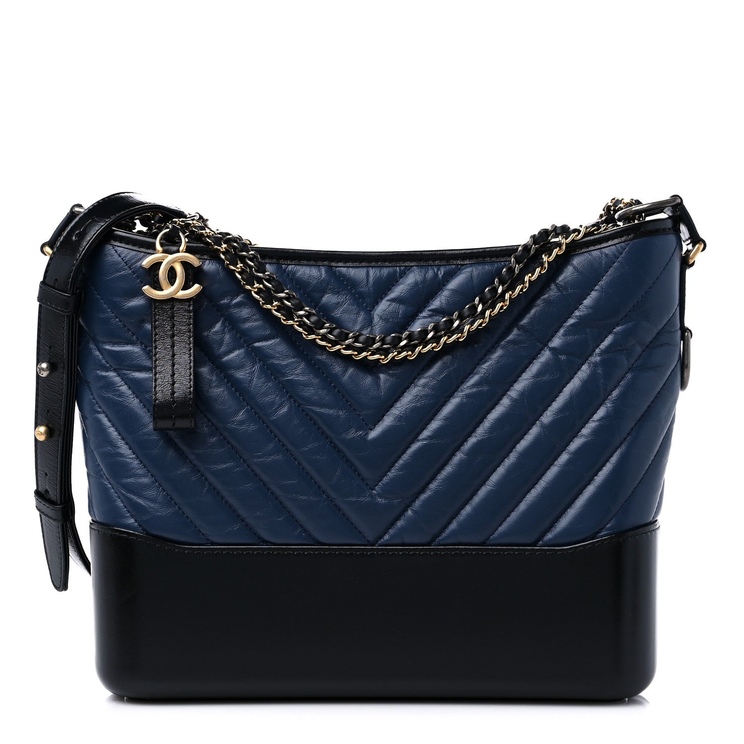 Chanel Aged Calfskin Chevron Quilted Medium Gabrielle Hobo Navy Black 1 of 11
