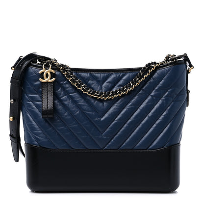 Chanel Aged Calfskin Chevron Quilted Medium Gabrielle Hobo Navy Black 1 of 11