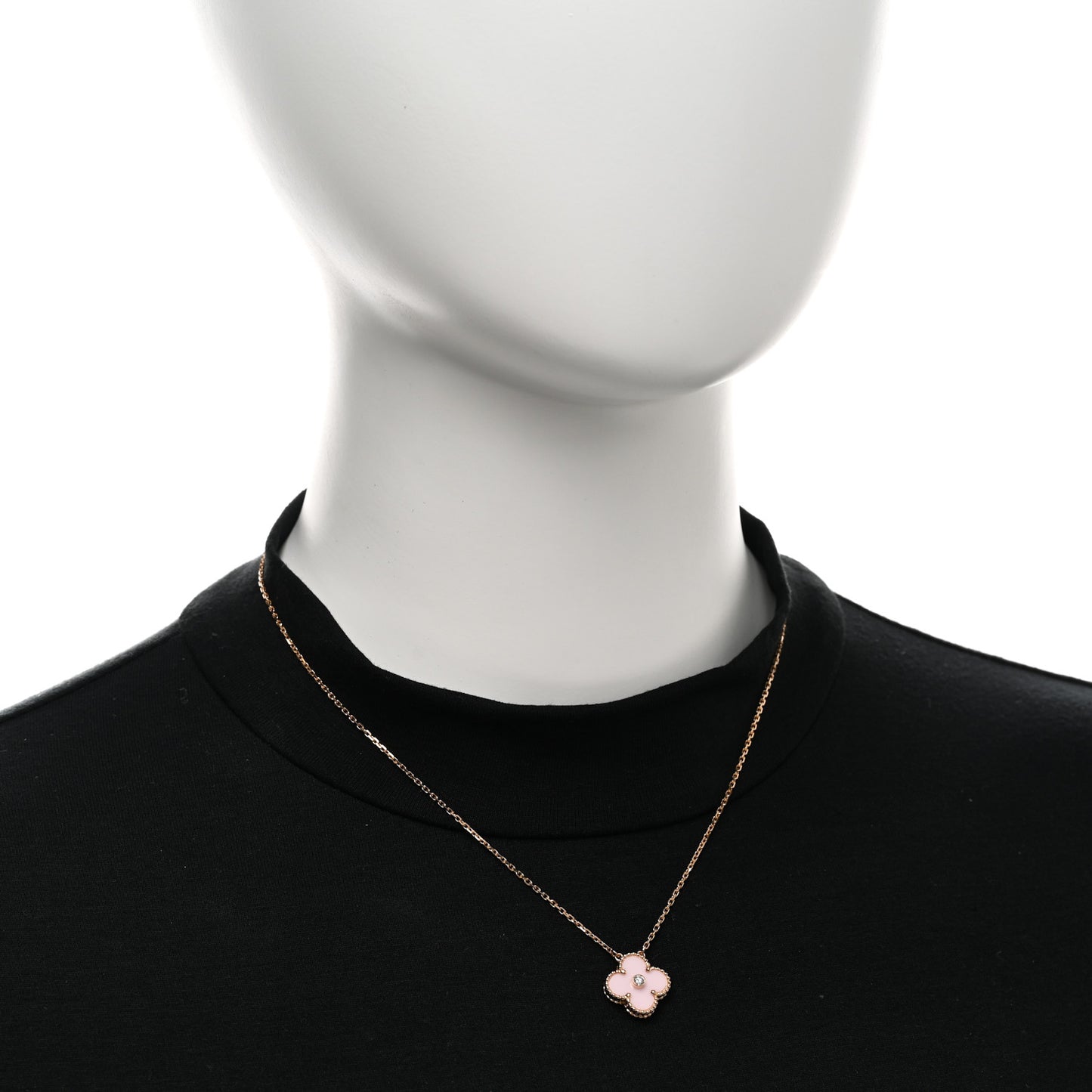 18K Rose Gold Diamond Pink Porcelain Vintage Alhambra Pendant Necklace