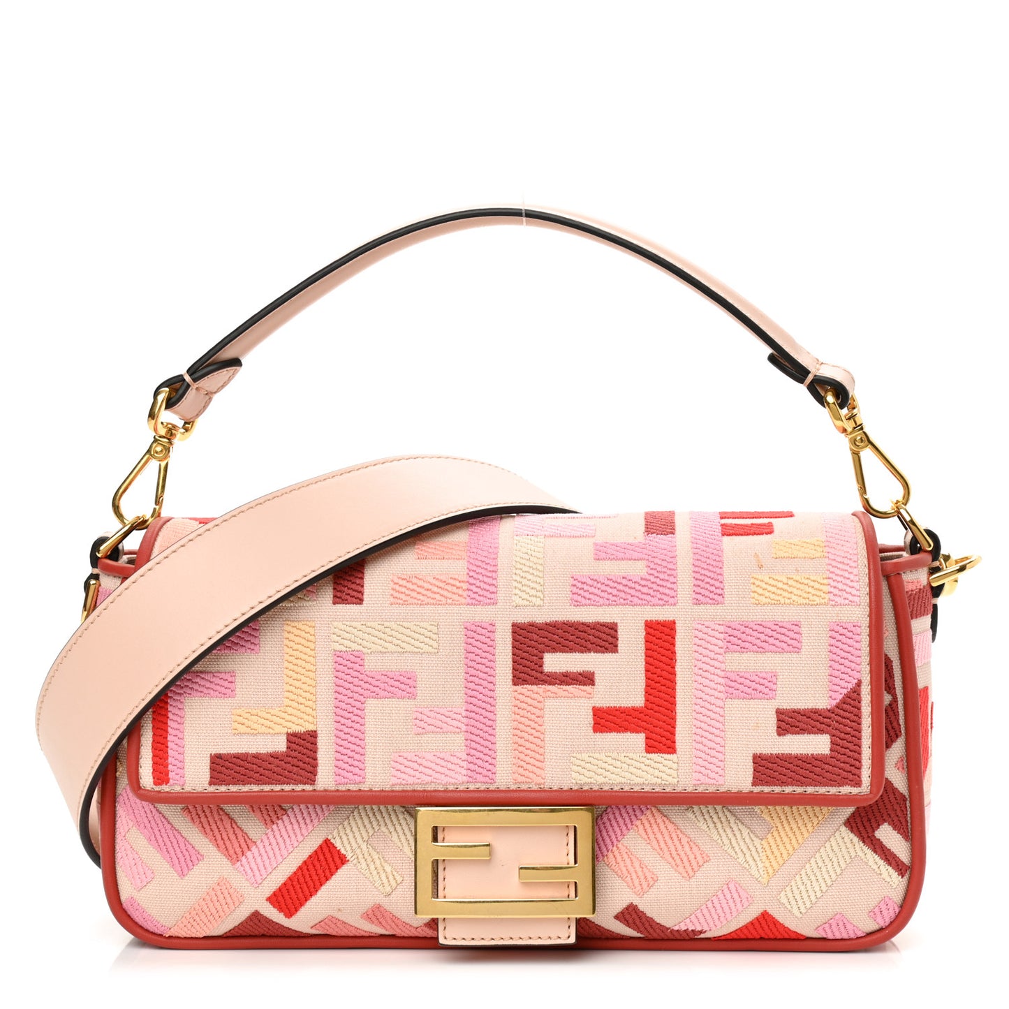 Canvas Vitello King FF Embroidered Baguette Rosa Quarzo Bloody Mary Multicolor