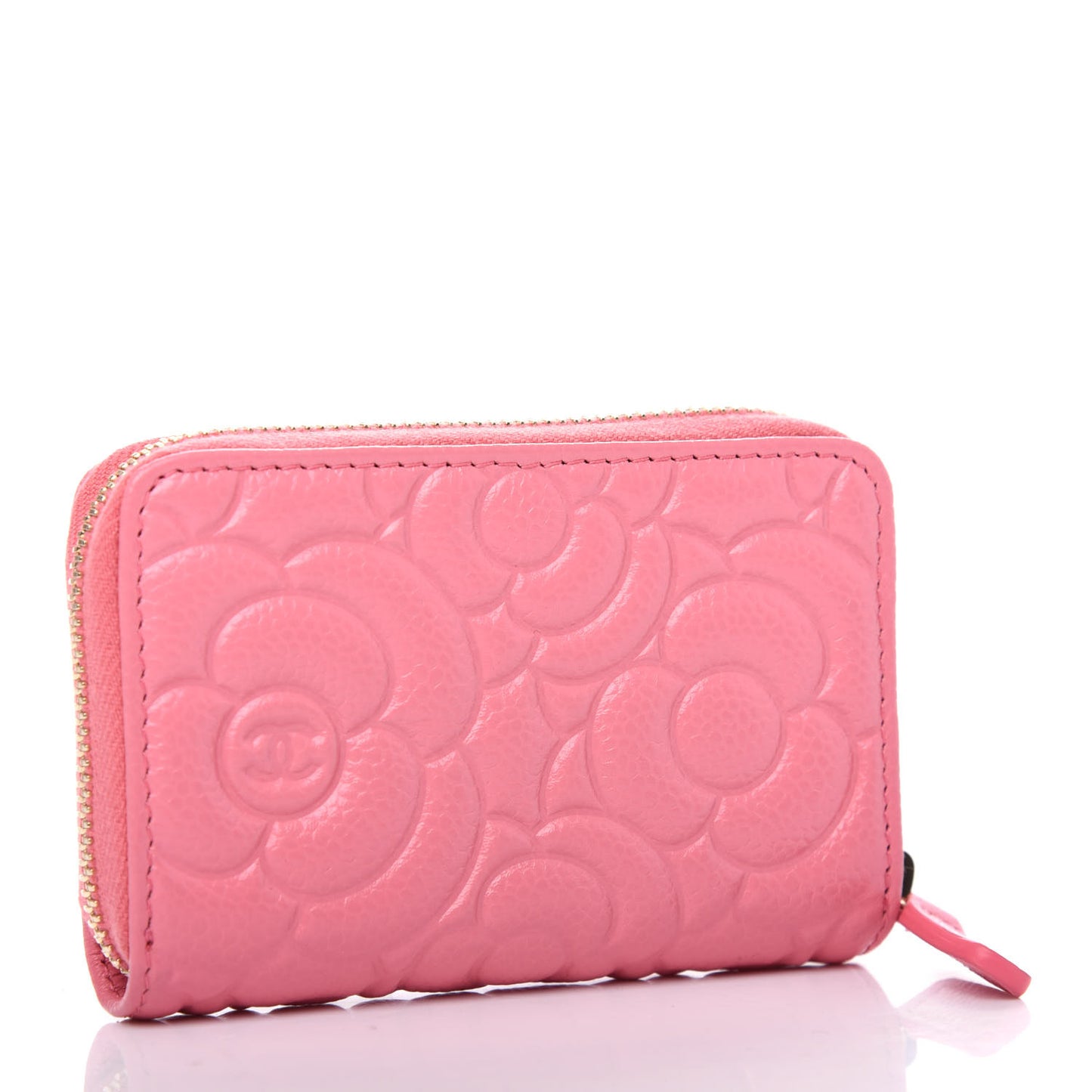 Caviar Camellia Embossed Zip Coin Purse Light Pink