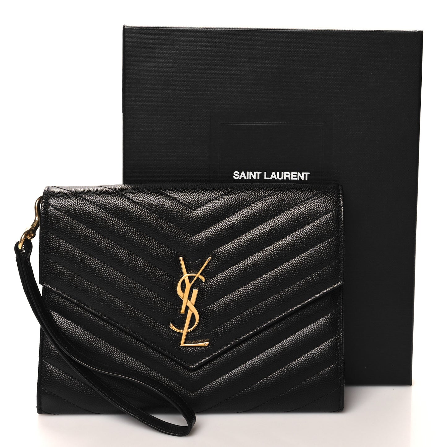 Grain De Poudre Matelasse Chevron Monogram Envelope Clutch Black