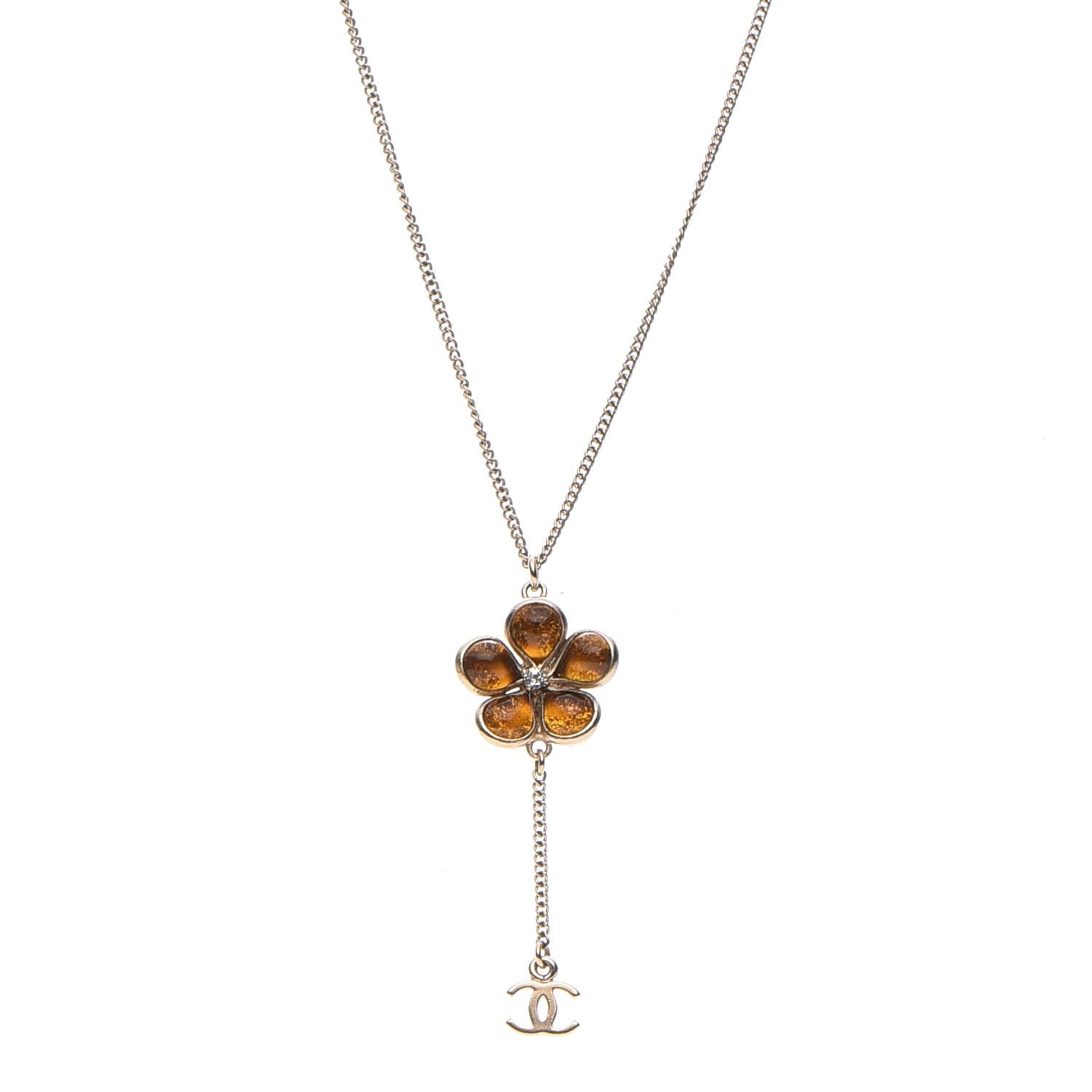 Chanel Crystal Gripoix CC Camellia Flower Drop Necklace Gold 1 of 5