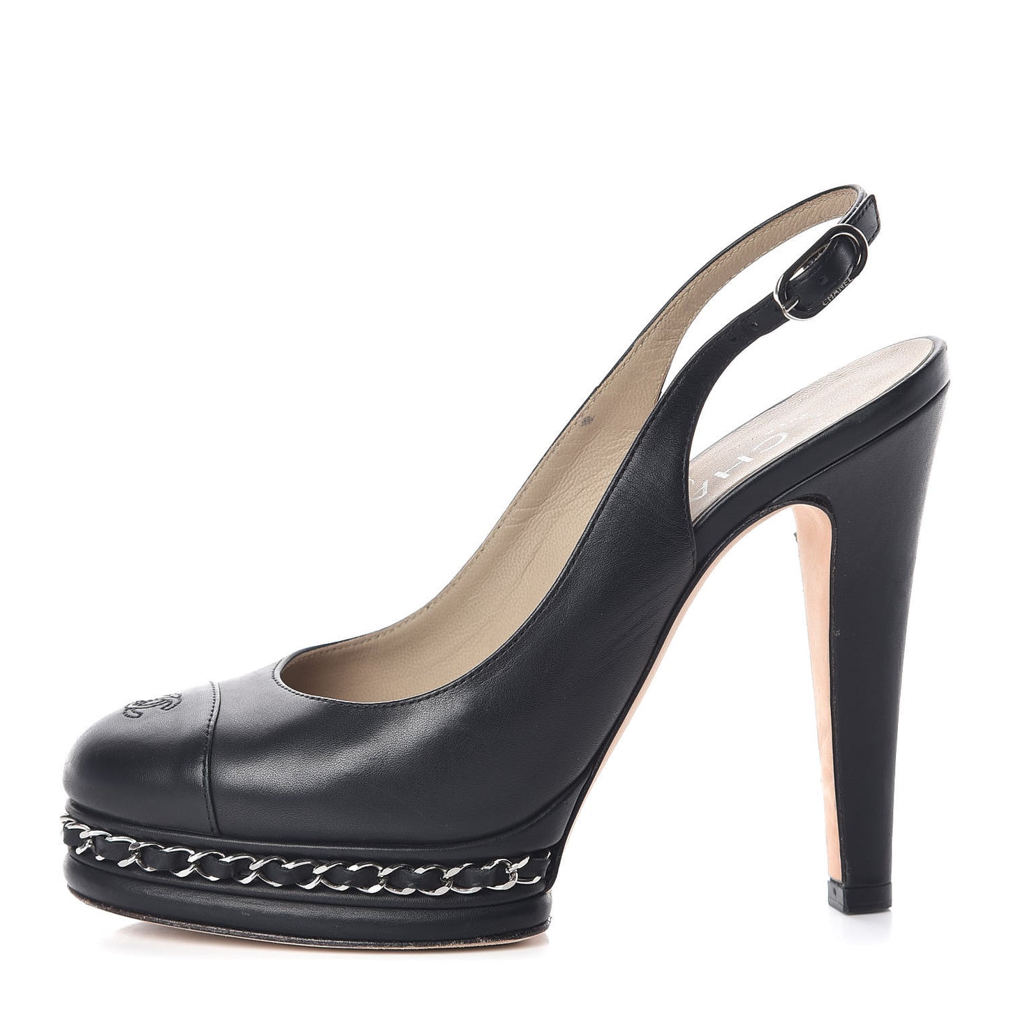 Lambskin Chain Slingback Pumps 37 Black
