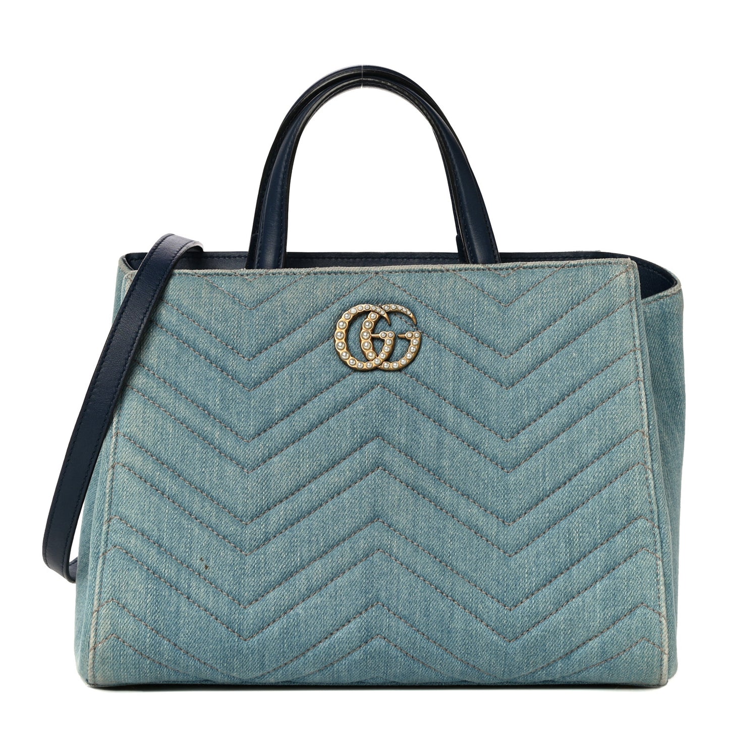 Denim Matelasse Small Pearly GG Marmont Tote Blue