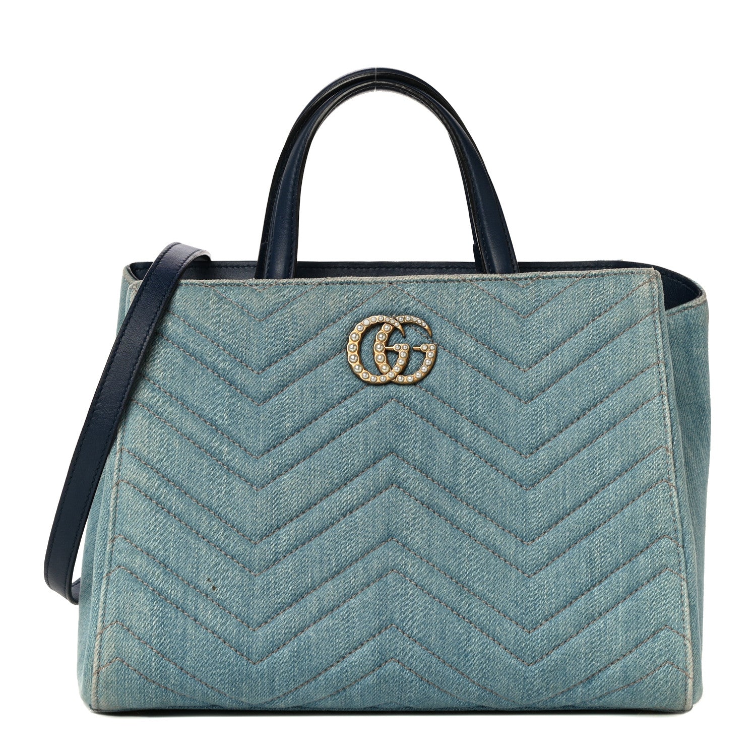 Gucci Denim Matelasse Small Pearly GG Marmont Tote Blue 1 of 16