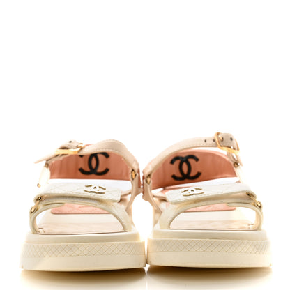 Chanel Lambskin Logo Platform Sandals 38.5 Beige Ivory White 3 of 10