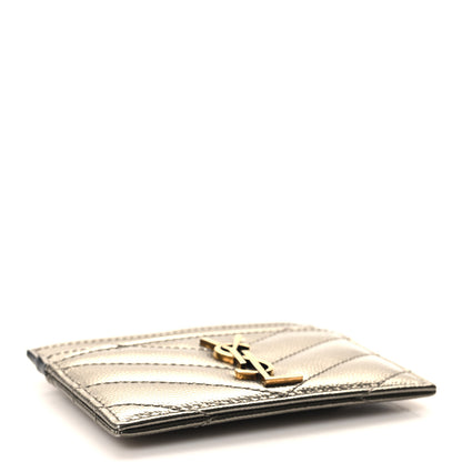 Saint Laurent Metallic Grain De Poudre Matelasse Chevron Monogram Credit Card Case Piombo 4 of 7