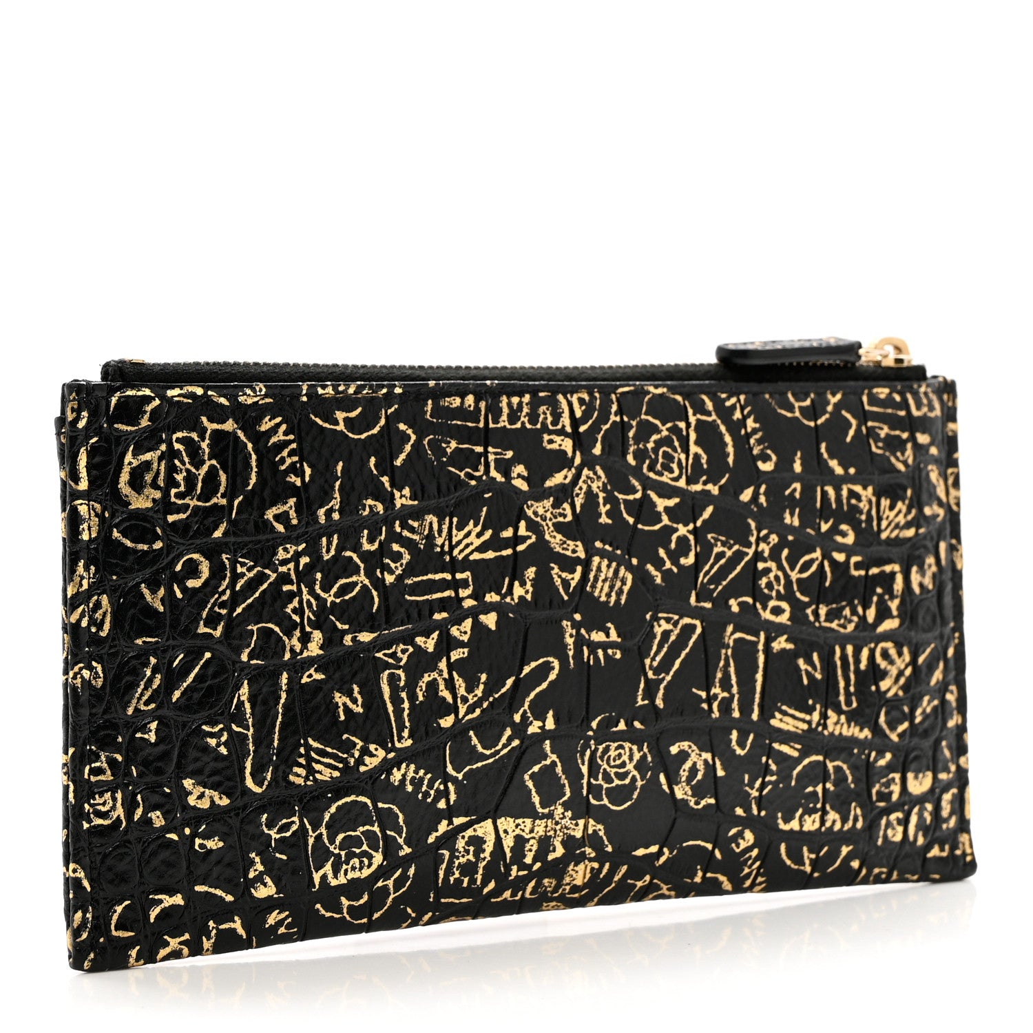 Chanel Calfskin Crocodile Embossed Graffiti 2.55 Cocodile Reissue Zip Pouch Black Gold 3 of 7