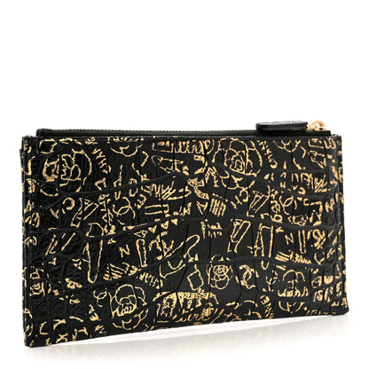 Chanel Calfskin Crocodile Embossed Graffiti 2.55 Cocodile Reissue Zip Pouch Black Gold 3 of 7