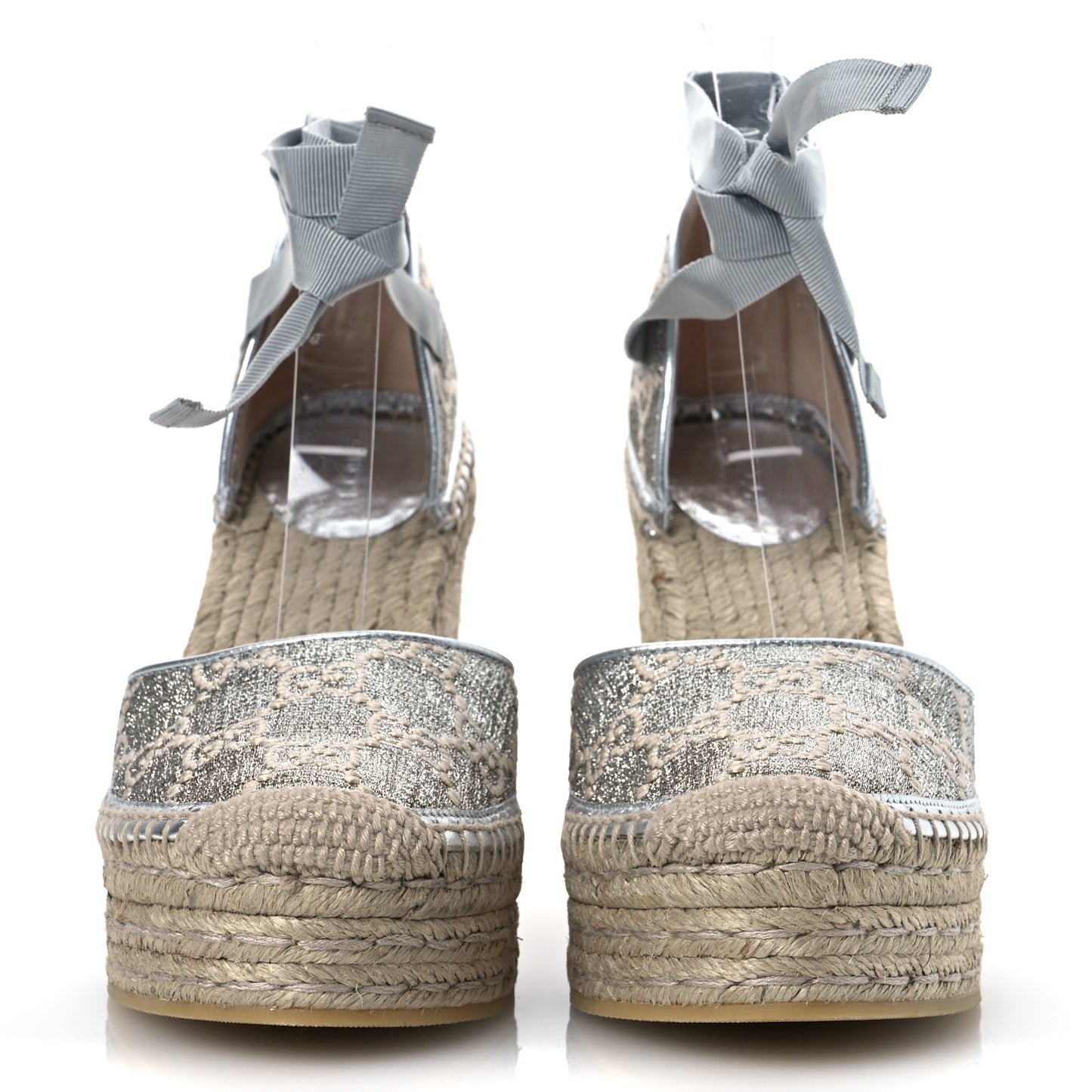Lame GG Monogram Ankle Wrap Platform Espadrille Wedges 39 Silver Beige Light Grey