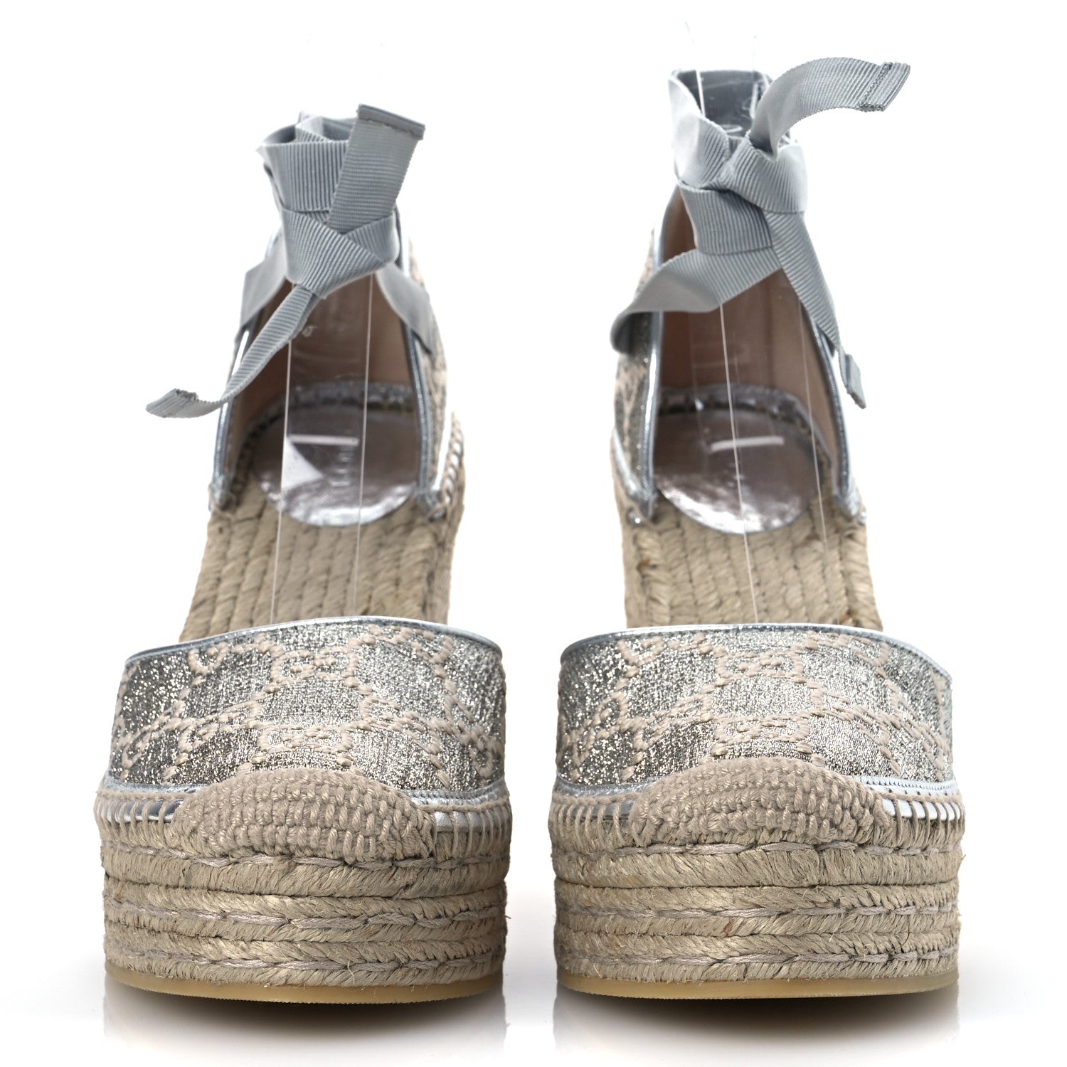 Gucci Lame GG Monogram Ankle Wrap Platform Espadrille Wedges 39 Silver Beige Light Grey 3 of 12