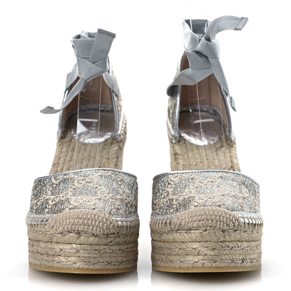 Gucci Lame GG Monogram Ankle Wrap Platform Espadrille Wedges 39 Silver Beige Light Grey 3 of 12