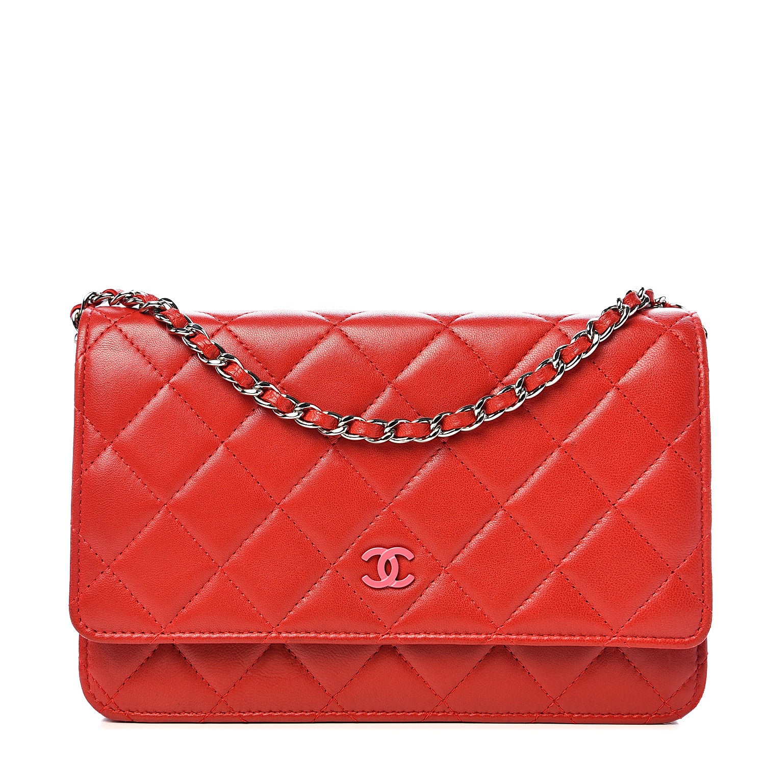Chanel Lambskin Quilted Wallet On Chain WOC Red Pink 1 of 11