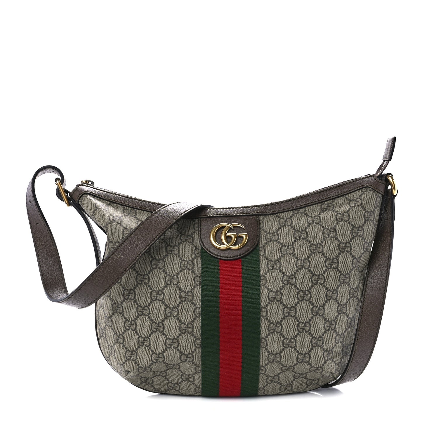 GG Supreme Monogram Textured Dollar Calfskin Web Small Ophidia Half Moon Hobo Beige Ebony New Acero