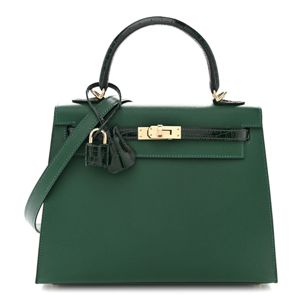 Hermes Madame Calfskin Shiny Alligator Kelly Sellier Touch 25 Vert