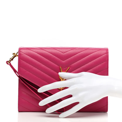 Saint Laurent Grain De Poudre Matelasse Chevron Monogram Envelope Clutch Fuchsia 2 of 8