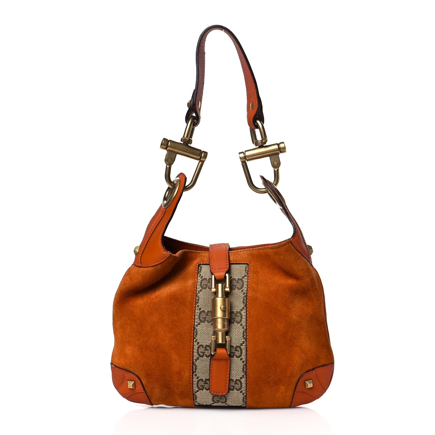 Gucci Suede Monogram Mini Piston Lock Jackie O Hobo Orange 1 of 11