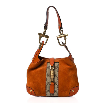 Gucci Suede Monogram Mini Piston Lock Jackie O Hobo Orange 1 of 11