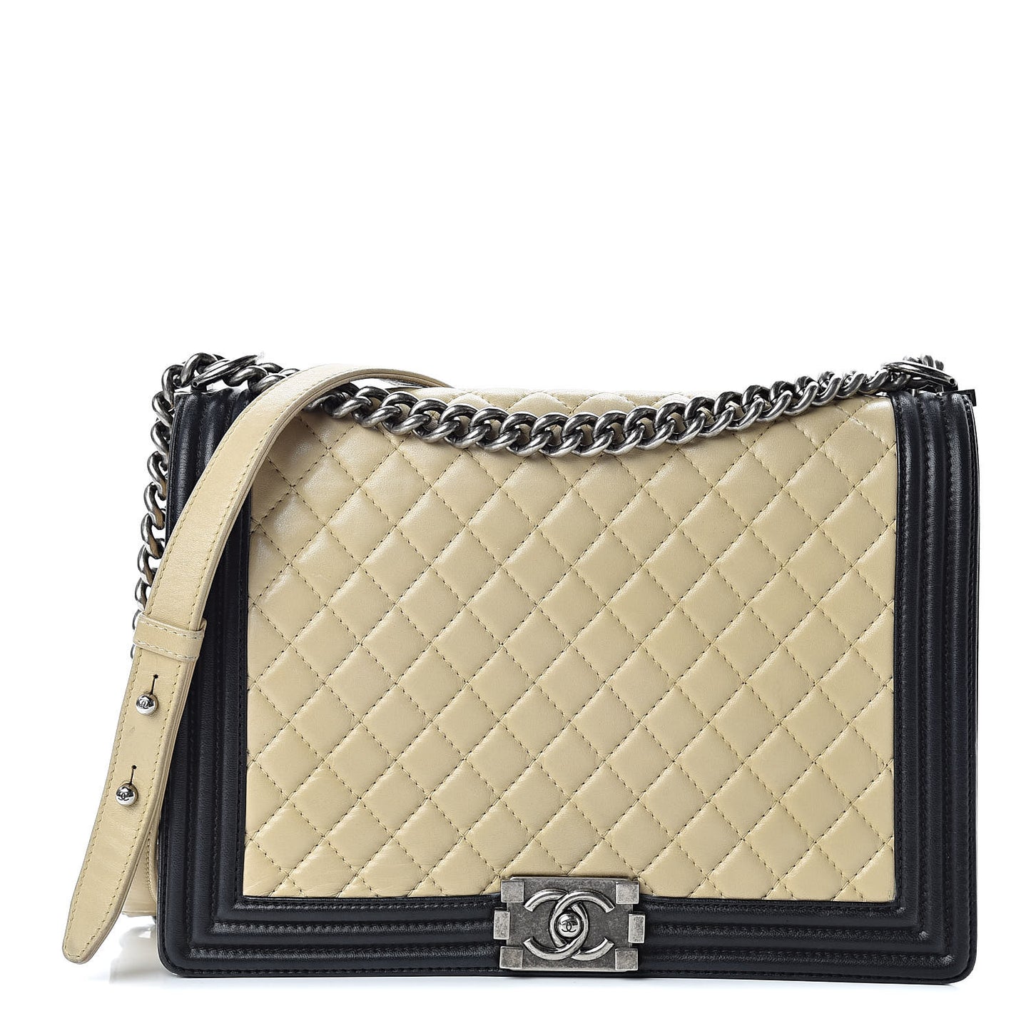 Lambskin Quilted Large Boy Flap Beige Black