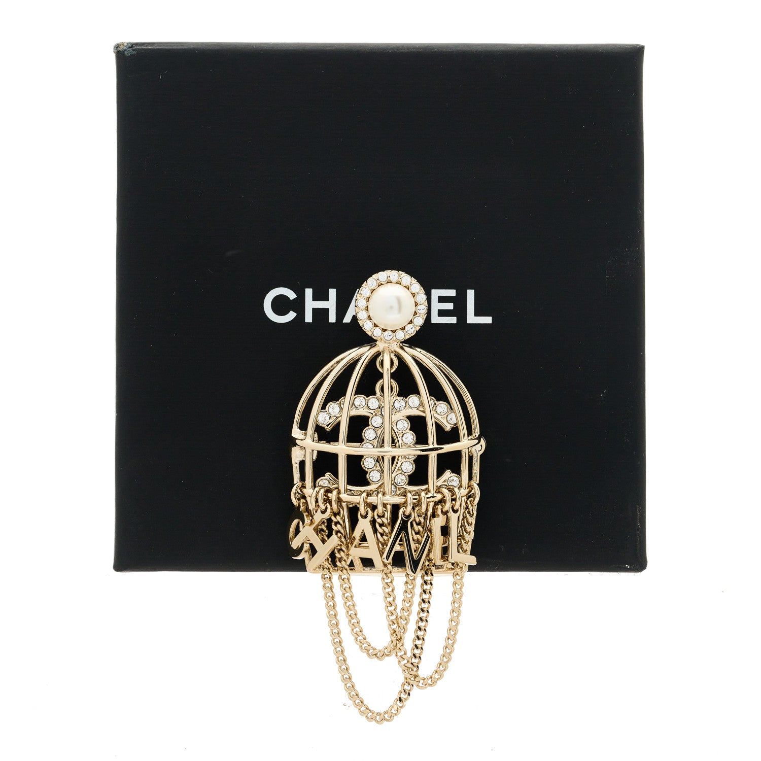 Chanel Pearl Crystal Birdcage Pin Brooch Light Gold 5 of 5