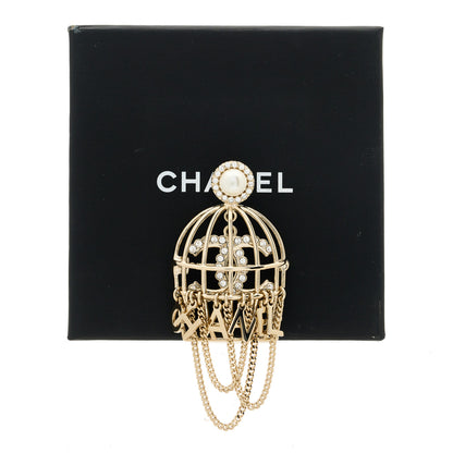 Chanel Pearl Crystal Birdcage Pin Brooch Light Gold 5 of 5