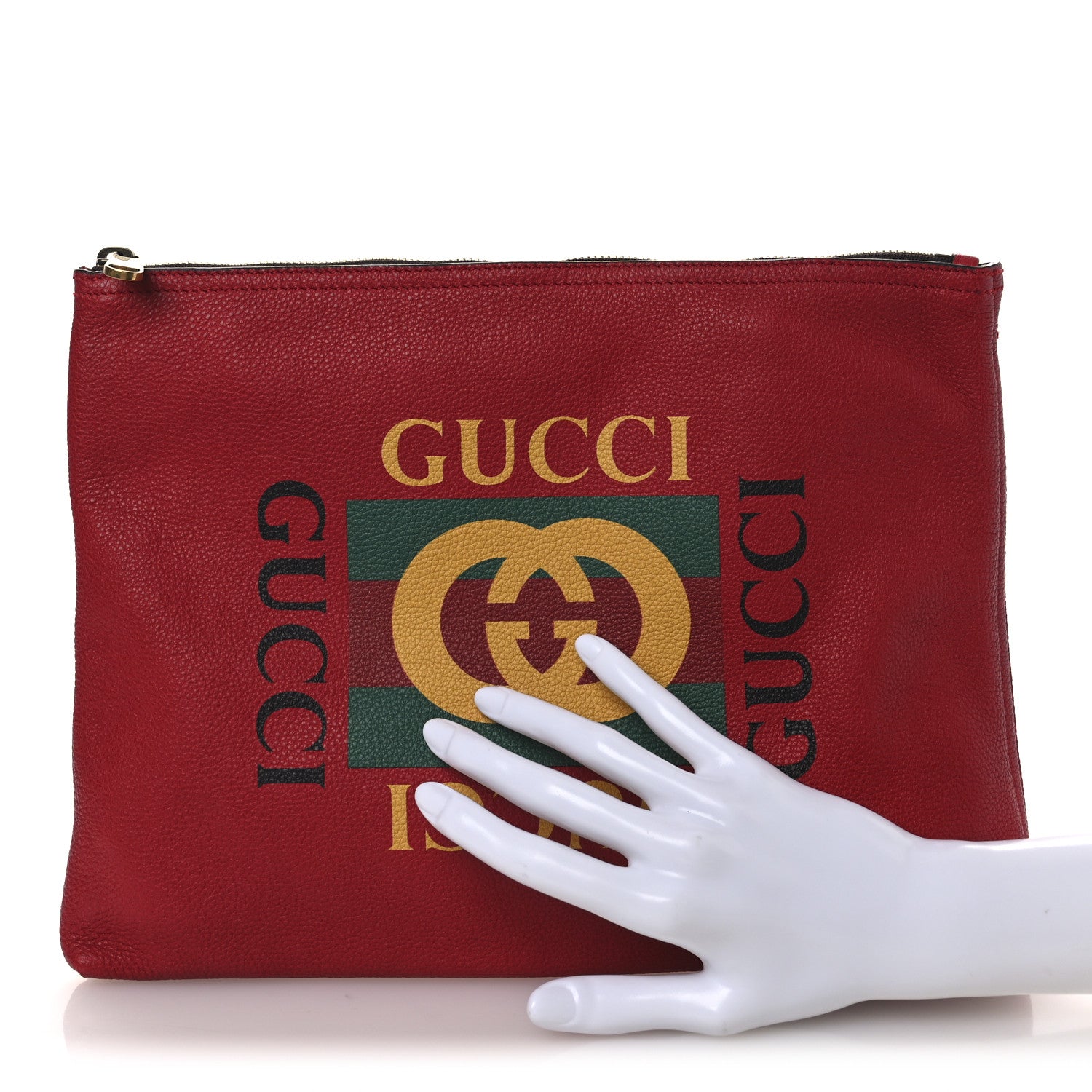 Gucci Pebbled Calfskin Medium Logo Portfolio Clutch Hibiscus Red