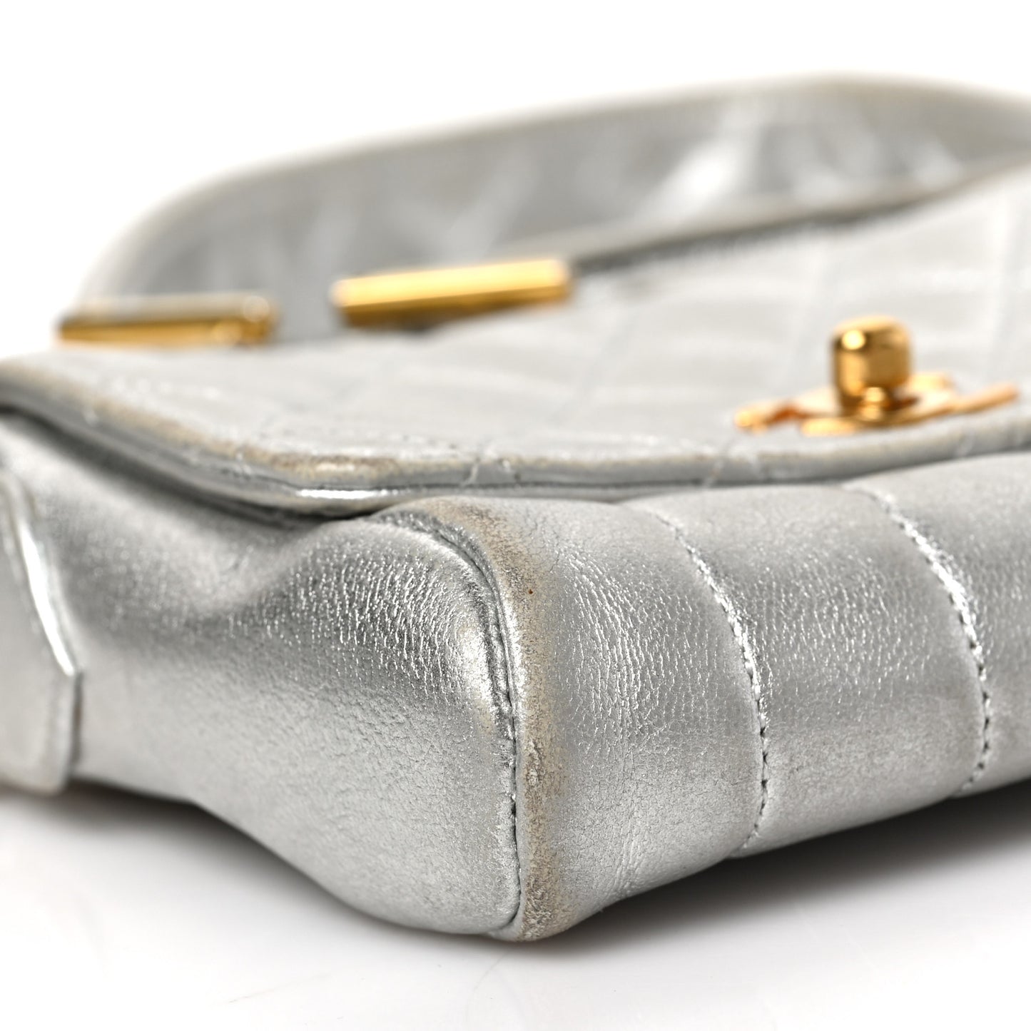 Metallic Lambskin Quilted Micro Flap Silver