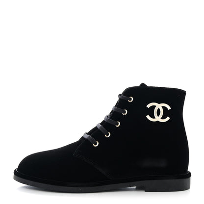 Chanel Velvet CC Lace Up Boots 40.5 Black 1 of 9