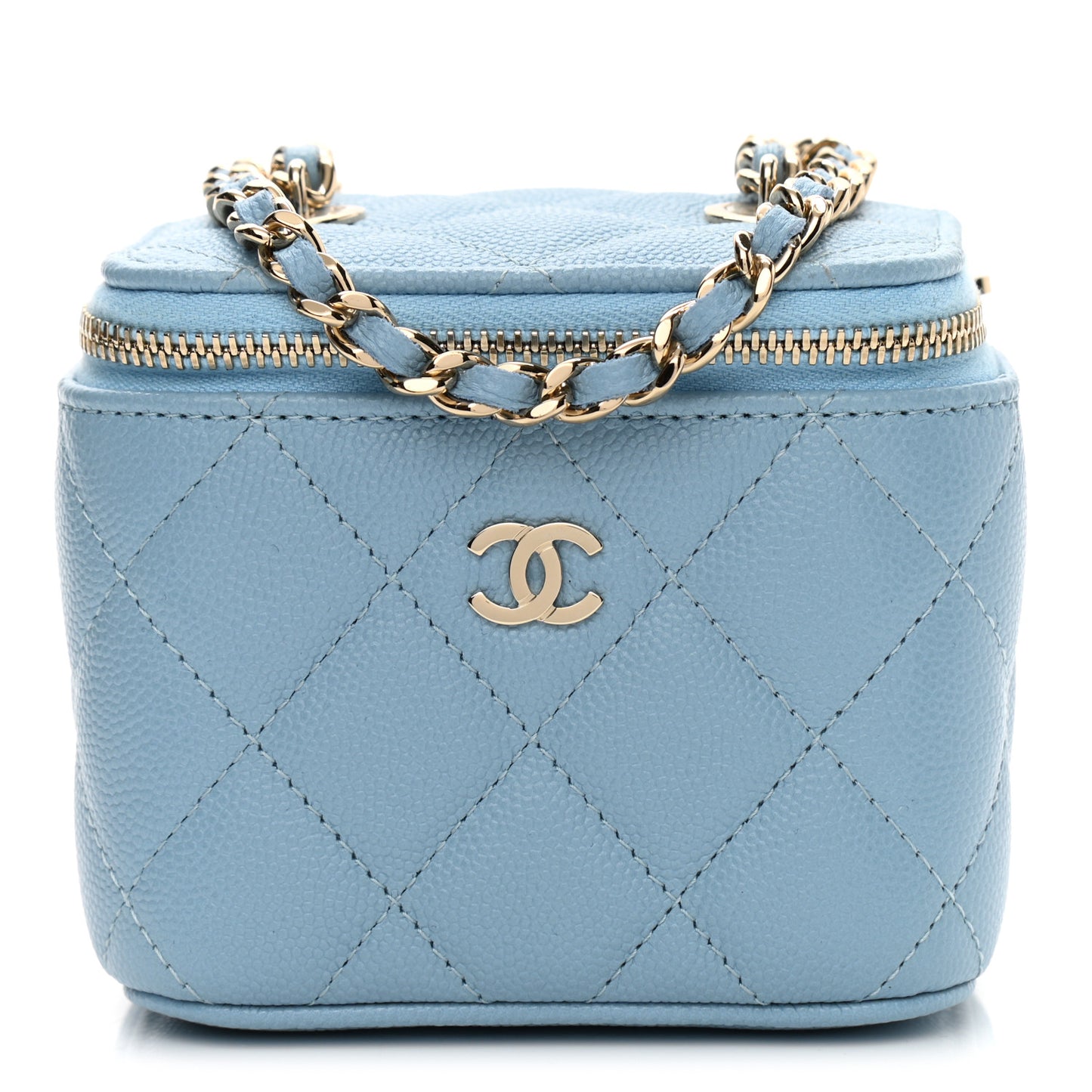 Caviar Quilted Mini Vanity Case With Chain Light Blue